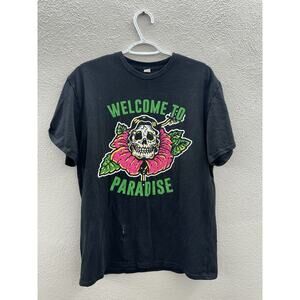 Unbranded Mens T-Shirt Size Large Black Graphic Flower Skull ShortSleeve Paradis